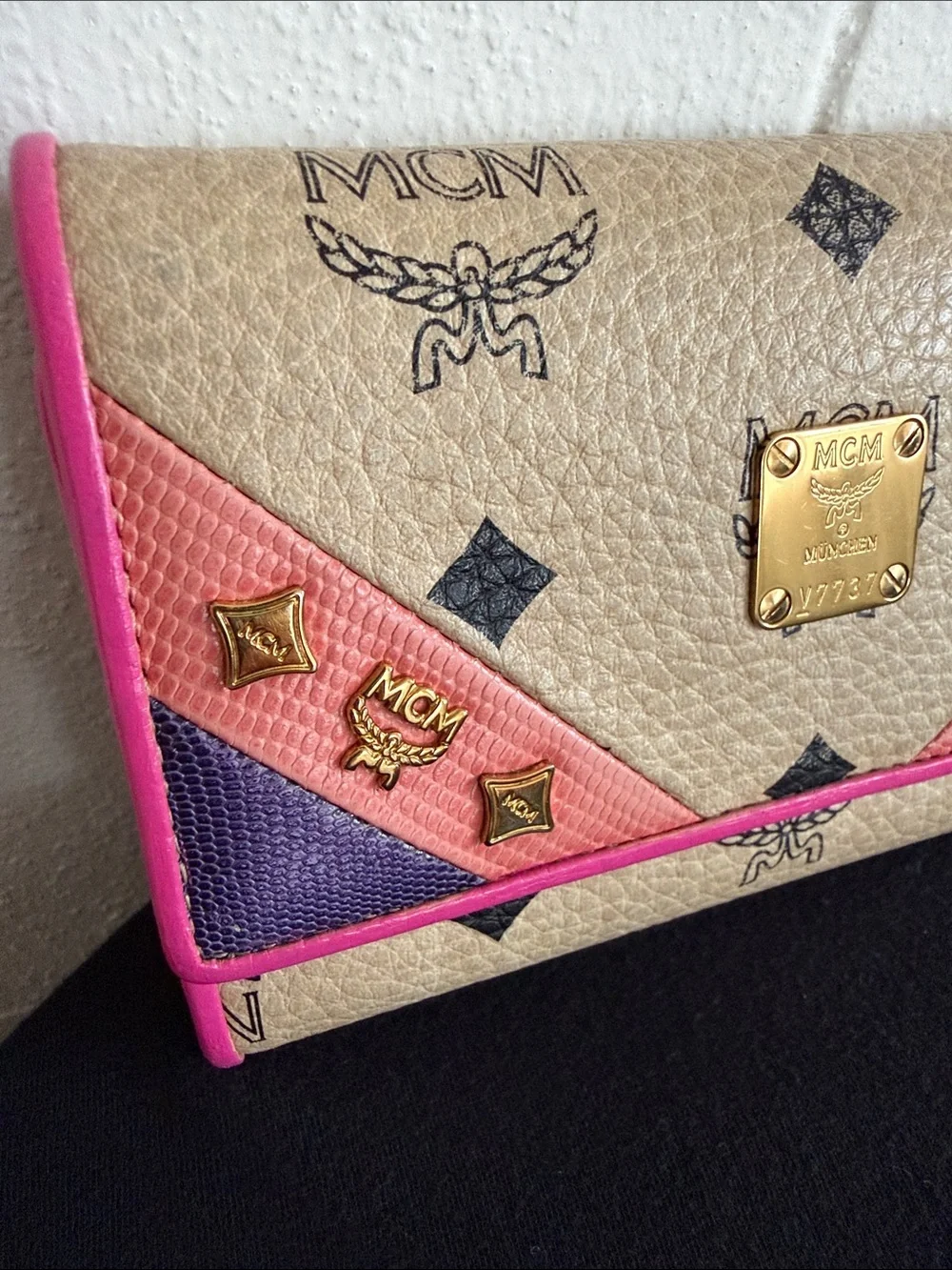 MCM Beige Visetos Continental Wallet with Pink and Purple Accents